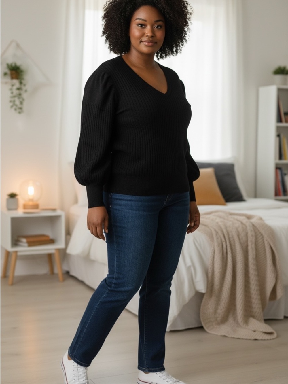 City Chic Blue Ribbed V-Neck Sweater